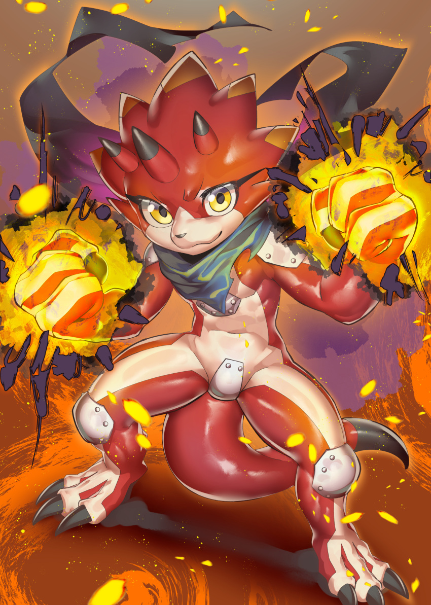 anthro athletic athletic_anthro athletic_male bandai_namco betelgammamon codpiece digimon digimon_(species) elemental_manipulation fire fire_manipulation hi_res male red_body scalie scarf skink_hisshiss solo yellow_eyes