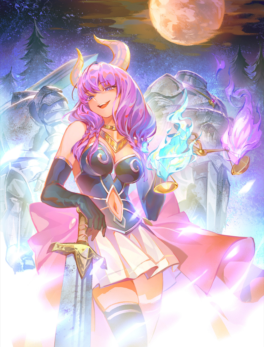 1girl :d aura_(sousou_no_frieren) black_gloves blue_eyes breasts cleavage clothing_cutout elbow_gloves fire full_moon gloves hair_between_eyes hand_on_hilt head_tilt highres holding horns large_breasts long_hair miniskirt moon navel_cutout night outdoors pink_hair pleated_skirt skirt smile sousou_no_frieren sword tamias weapon weighing_scale white_skirt