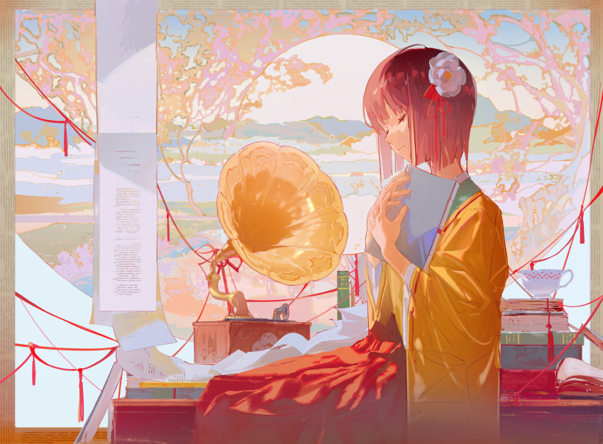 1girl absurdres book book_stack chinese_commentary closed_eyes closed_mouth commentary_request cup english_commentary flower hair_flower hair_ornament hakama hakama_skirt hieda_no_akyuu highres japanese_clothes kimono light_smile long_sleeves mixed-language_commentary phonograph purple_hair red_hakama red_ribbon ribbon seiza sheya_tin short_hair sitting skirt solo table teacup touhou wide_sleeves yellow_kimono