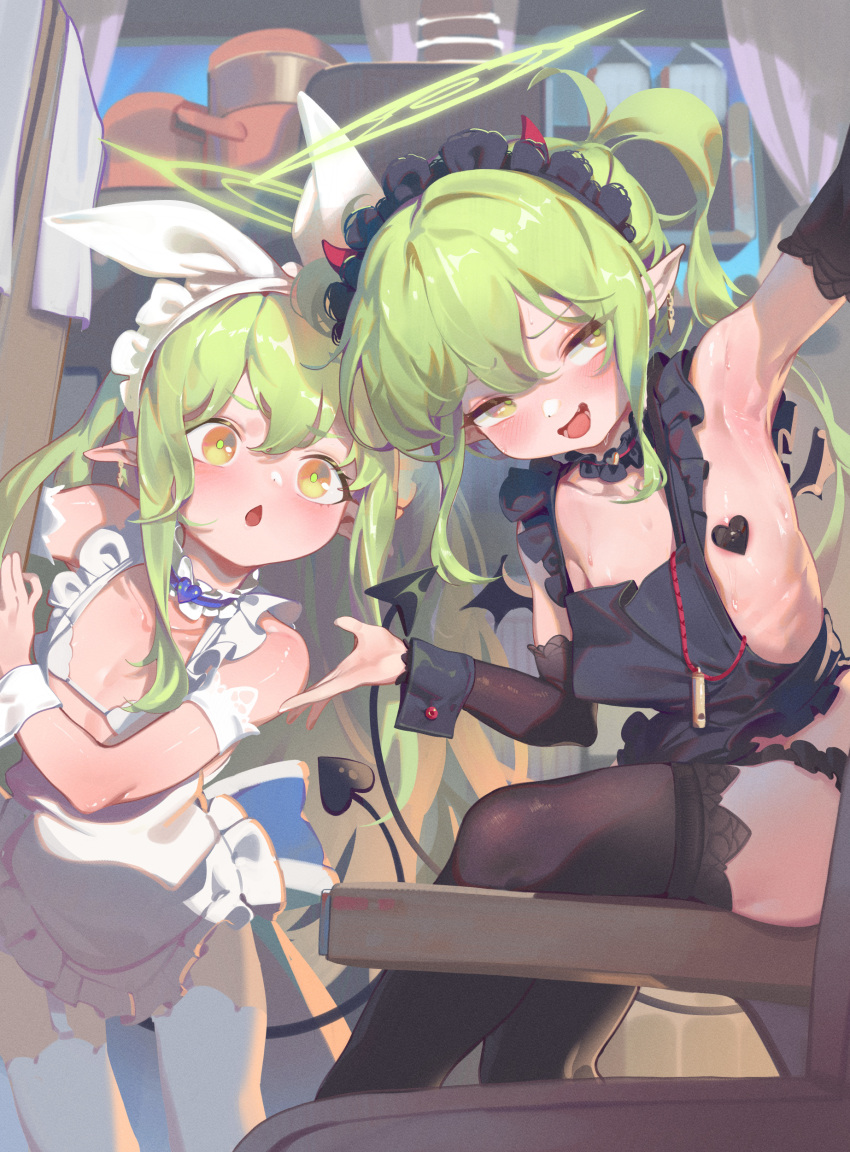 2girls absurdres apron bare_shoulders blue_archive blush breasts collar covered_nipples detached_sleeves frilled_collar frills green_hair halo highres hikari_(blue_archive) long_hair looking_at_viewer maid_headdress multiple_girls nozomi_(blue_archive) open_mouth pasties pointy_ears sidelocks small_breasts smile thighhighs very_long_hair villainchin wrist_cuffs yellow_eyes
