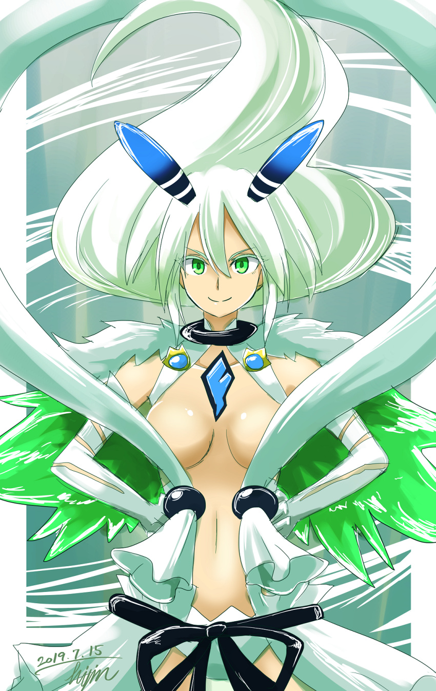 1girl breasts closed_mouth core_crystal_(xenoblade) dated elbow_gloves gloves green_eyes green_hair hands_on_own_hips highres hisin medium_breasts navel revealing_clothes signature smile solo stomach white_gloves xenoblade_chronicles_(series) xenoblade_chronicles_2 zenobia_(xenoblade)