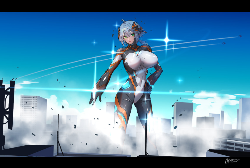 1girl absurdres aircraft airplane blue_hair blue_sky bodysuit breasts city cityscape colossus_(natsukaze_shigure) covered_nipples destruction fighter_jet giant giantess green_eyes hair_ornament headgear highres jet large_breasts looking_at_viewer military_vehicle natsukaze_shigure navel open_mouth original outdoors short_hair signature skin_tight sky smoke solo sparkle standing tokusatsu triangle_mouth