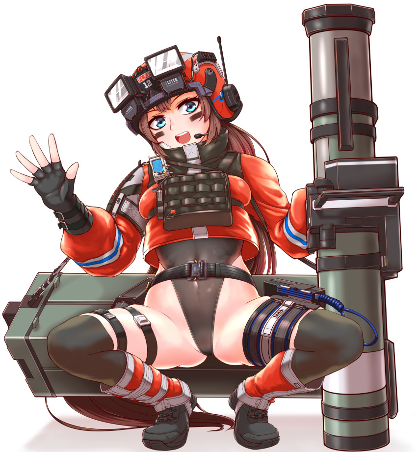1girl bandaid bandaid_on_cheek bandaid_on_face black_gloves blue_eyes breasts brown_hair covered_navel facepaint fingerless_gloves gloves goddess_of_victory:_nikke helmet highleg highleg_leotard highres holding holding_rocket_launcher holding_weapon leotard long_hair long_sleeves looking_at_viewer mica_(nikke) open_mouth rocket_launcher shimogami_migihidari shiny_skin simple_background smile spread_legs squatting tactical_clothes thighs thong_leotard weapon white_background