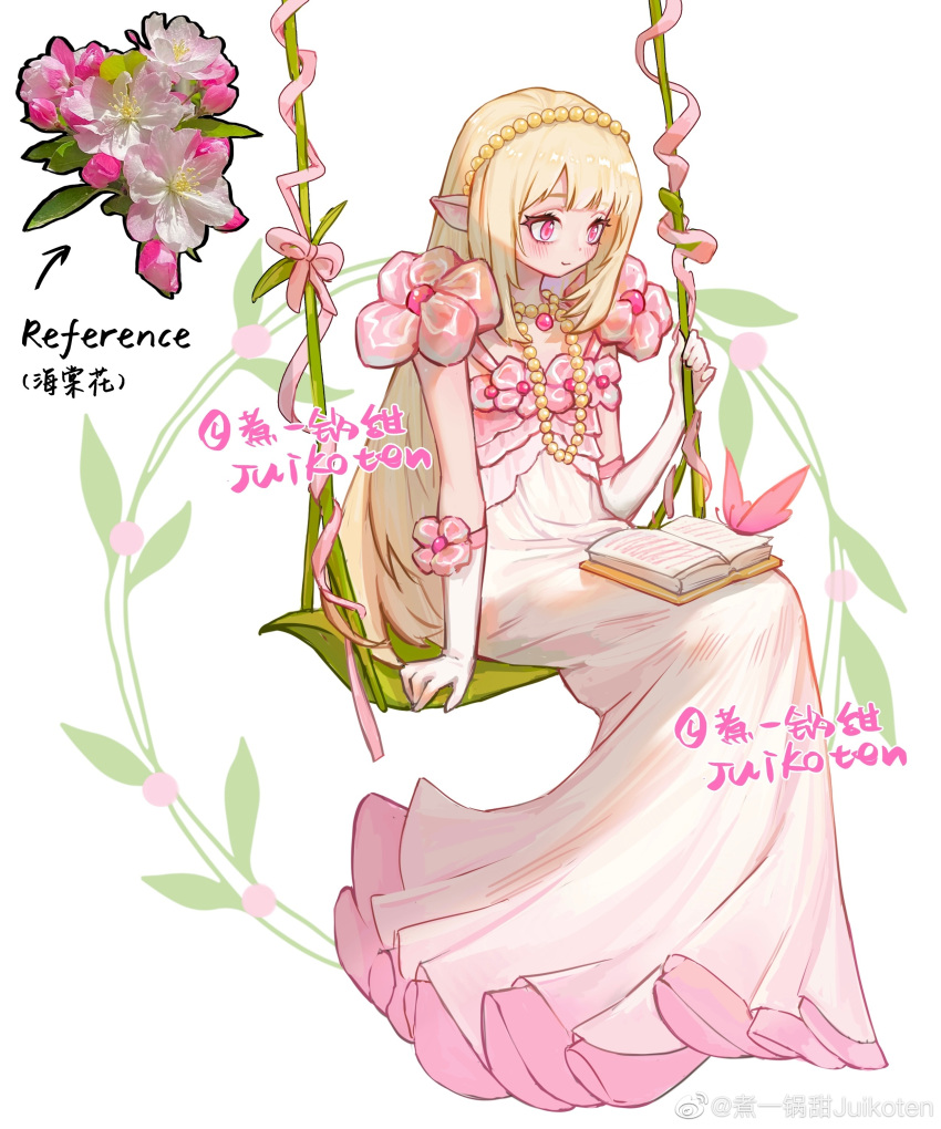 1girl absurdres artist_name blonde_hair blush book bug butterfly chinese_commentary chinese_text closed_mouth dress elbow_gloves english_text flower full_body gloves hairband hand_up highres jewelry long_dress long_hair looking_afar looking_down necklace open_book original pearl_hairband pearl_necklace personification photo_inset pink_butterfly pink_eyes pink_flower pink_ribbon pointy_ears reference_inset ribbon simple_background sitting sleeveless sleeveless_dress smile solo swing weibo_watermark white_background white_dress white_flower white_gloves yellow_hairband zhu_yiguo_tian