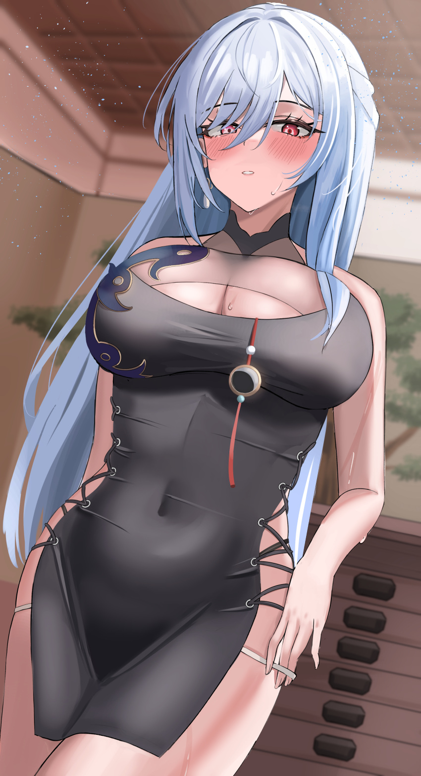 1girl absurdres alternate_breast_size alternate_costume bare_shoulders black_dress blue_hair blush breasts cleavage commentary covered_navel cowboy_shot crescent crotch_outline dress earrings english_commentary hair_between_eyes hair_intakes highres honkai:_star_rail honkai_(series) huge_breasts hum455 indoors jewelry jingliu_(honkai:_star_rail) long_hair looking_at_viewer panties panty_pull panty_straps parted_lips red_eyes side_slit skindentation solo sweat sweatdrop thighs underwear very_long_hair wet white_panties