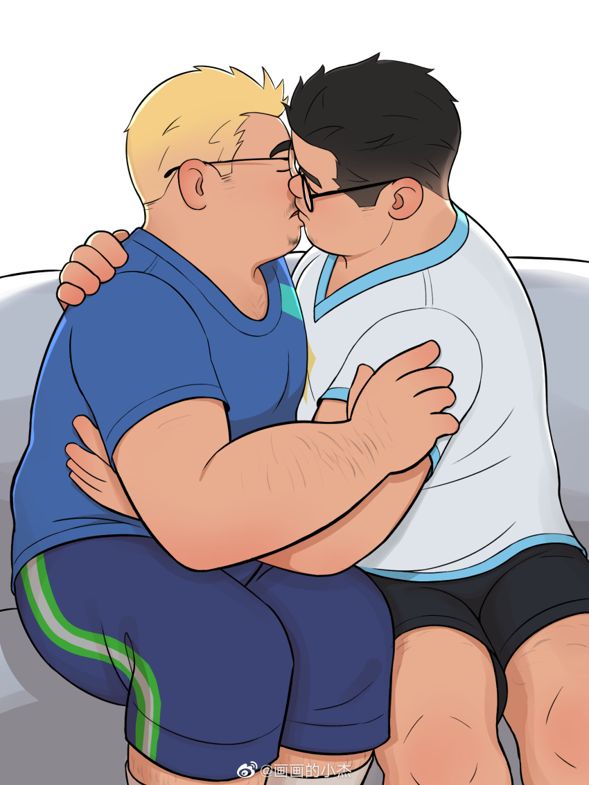 2boys artist_request bara blonde_hair closed_eyes facial_hair feet_out_of_frame from_side glasses hand_on_another's_shoulder highres male_focus mismatched_eyebrows multiple_boys original pectorals plump profile shirt short_hair shorts sideburns_stubble sparse_arm_hair stubble t-shirt thick_eyebrows yaoi