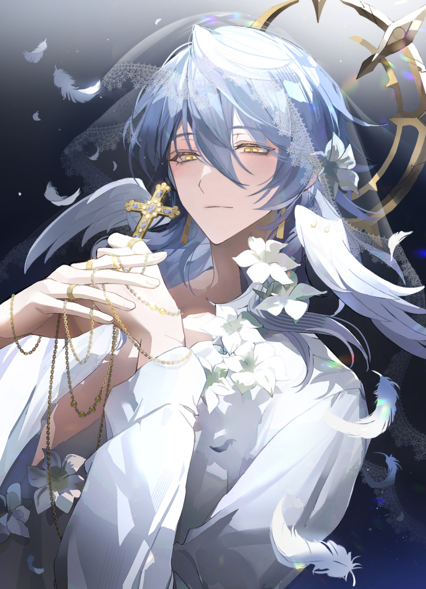 1boy alternate_costume bazhua bishounen black_background blue_hair blush chain closed_mouth cross cross_bottony dangle_earrings earrings falling_feathers feathers flower gradient_background hair_between_eyes hair_flower hair_ornament halo halo_behind_head hands_up head_wings highres holding holding_cross honkai:_star_rail honkai_(series) jewelry lace_trim light_blue_hair long_sleeves looking_at_viewer male_focus medium_hair multiple_rings open_collar own_hands_together ring rosary shirt smile solo sunday_(honkai:_star_rail) upper_body white_feathers white_flower white_shirt white_veil white_wings wing_piercing wings yellow_eyes