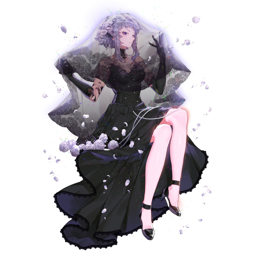 1girl artist_request beads black_collar black_dress black_gloves black_straps black_veil collar detached_collar dress elbow_gloves final_gear floating floating_object floral_print_veil flower full_body gloves grey_eyebrows grey_hair hair_flower hair_ornament high_heels highres lens_flare long_sidelocks looking_at_viewer no_socks official_art purple_eyes rose see-through_veil shoe_strap sidelocks simple_background solo tachi-e third-party_source transparent_background veil wedding_dress white_flower white_petals white_rose zero_(final_gear)
