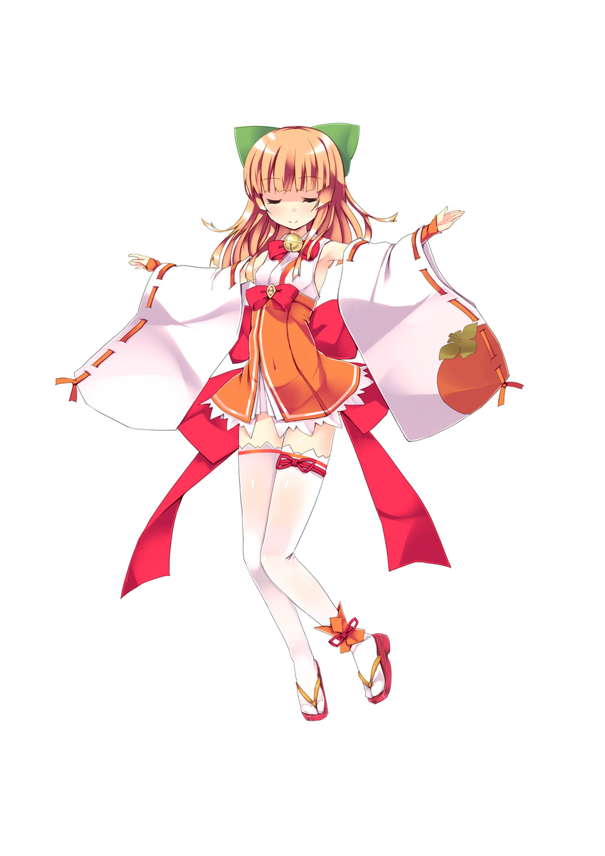 absurdres bell bow closed_eyes detached_sleeves eyebrows_visible_through_hair full_body hair_bow highres juure_mikku_pandora_puerta long_hair masato_chizuru official_art orange_hair outstretched_arms refeia ribbon-trimmed_sleeves ribbon_trim sandals skirt smile solo thighhighs white_legwear wide_sleeves