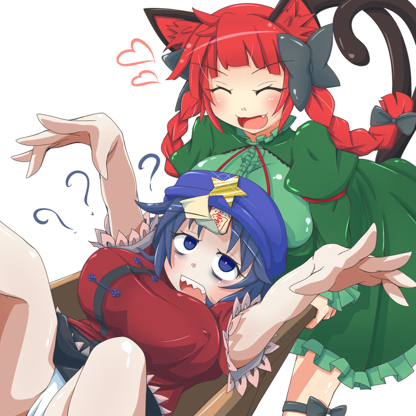 :d ? ^_^ animal_ears bags_under_eyes beret blue_eyes blue_hair bow braid breast_rest breasts breasts_on_head cat_ears cat_tail closed_eyes confused constricted_pupils covered_nipples cowboy_shot dress eyebrows_visible_through_hair fang green_dress hair_bow happy hat heart highres himenomikan jiangshi kaenbyou_rin large_breasts miyako_yoshika multiple_girls multiple_tails nekomata ofuda open_mouth outstretched_arms pale_skin panties red_hair sharp_teeth shirt simple_background skirt smile star tail teeth touhou twin_braids underwear wheelbarrow white_background white_panties zombie_pose