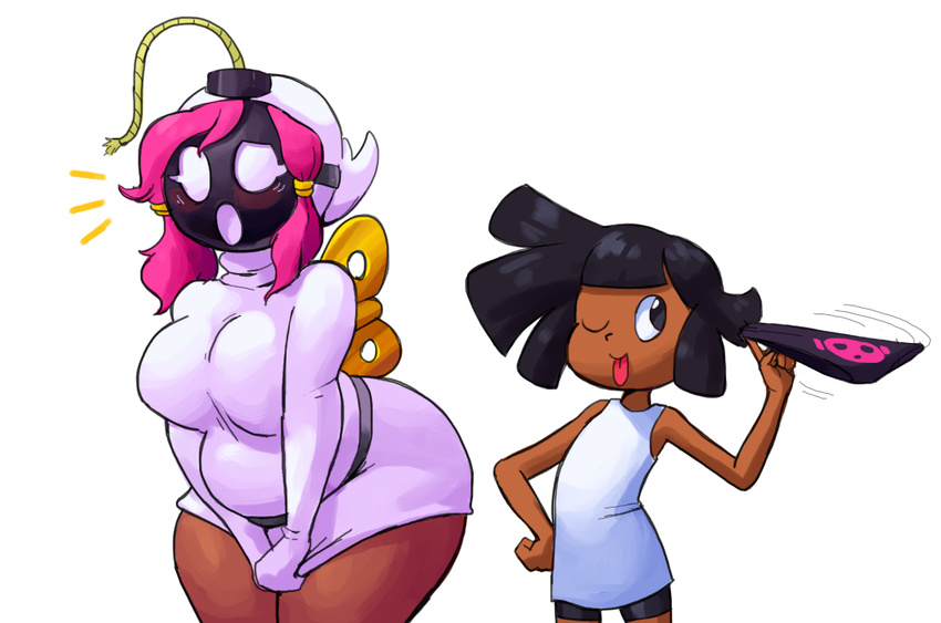 belt big_breasts black_eyes black_hair blush bob-omb breasts clothing dark_skin duo embarrassed female hair human humanoid male mammal mario_bros minus8 nintendo not_furry one_eye_closed open_mouth outta_sync panties pink_hair shirt shocked shorts shy-bomb shygirl shyguy simple_background slightly_chubby thick_thighs tongue tongue_out underwear video_games white_background wide_hips wind-up_key wink