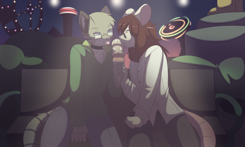 2017 amusement_park anthro bench blue_eyes brown_eyes brown_hair cat clothed clothing collar dessert digital_media_(artwork) duo eyewear feline food fur glasses hair ice_cream jake_(blazingpelt) licking male male/male mammal mouse munks_(artist) outside red_(sethkeidashi) rodent sitting tongue tongue_out