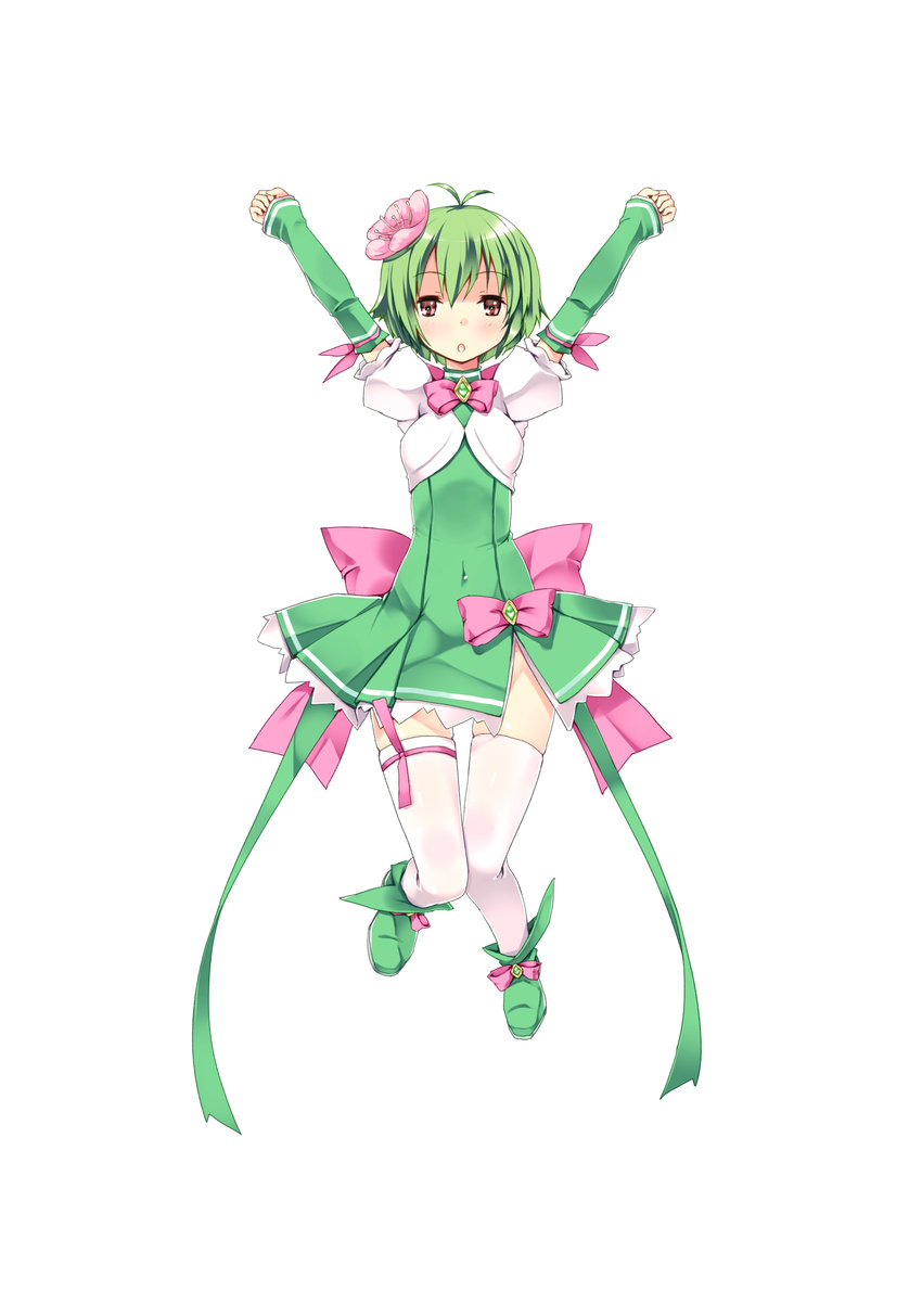 :o absurdres arms_up bow clenched_hands covered_navel detached_sleeves dress flower full_body green green_dress green_footwear green_hair hair_flower hair_ornament highres juure_mikku_pandora_puerta looking_at_viewer mari_kakuhara official_art orange_eyes pink_bow puffy_sleeves refeia short_hair simple_background solo thighhighs white_background white_legwear