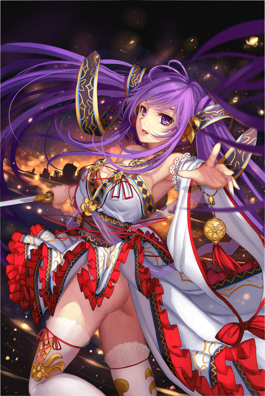 antenna_hair ass bangs bare_shoulders breasts cowboy_shot cross-laced_footwear detached_sleeves dress fingers floating_hair frilled_sleeves frills from_behind hair_ornament hand_up hands highres holding holding_sword holding_weapon japanese_clothes jewelry lace lace-trimmed_thighhighs lace_trim leg_up legs_apart lips long_hair looking_at_viewer looking_back medium_breasts necklace no_panties obi open_mouth outstretched_arm purple_eyes purple_hair red_ribbon ribbon sangokushi_rumble sash sidelocks solo strapless strapless_dress swept_bangs sword tassel thigh_ribbon thighhighs tongue twintails very_long_hair weapon weiyinji_xsk white_legwear