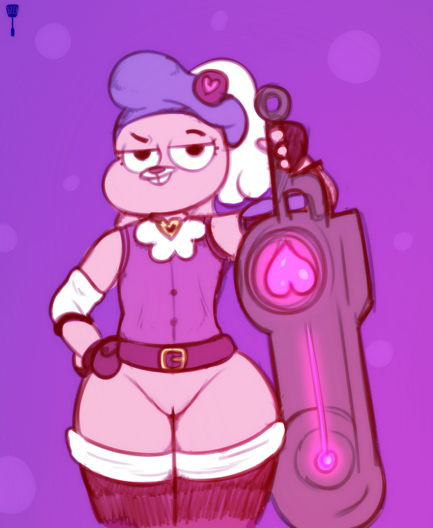 &lt;3 2017 anais_watterson anthro belt beret big_thighs bottomless bzeh cartoon_network clothed clothing digital_media_(artwork) ears_down female fingerless_gloves flat_chested fur gloves half-closed_eyes hand_on_hip hat lagomorph legwear looking_at_viewer mammal melee_weapon navel pink_fur pose pussy rabbit simple_background solo sword the_amazing_world_of_gumball thigh_highs video_games weapon young