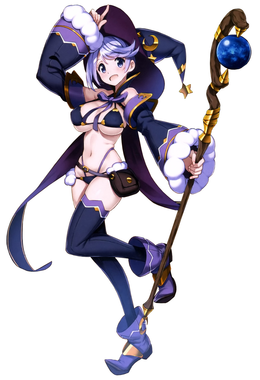 1girl bangs bikini bikini_warriors black_bikini_top breasts detached_sleeves female full_body hat large_breasts lavender_hair long_hair mage_(bikini_warriors) official_art purple_eyes purple_hair saitou_masatsugu solo staff underboob white_background white_skin witch_hat wizard_hat