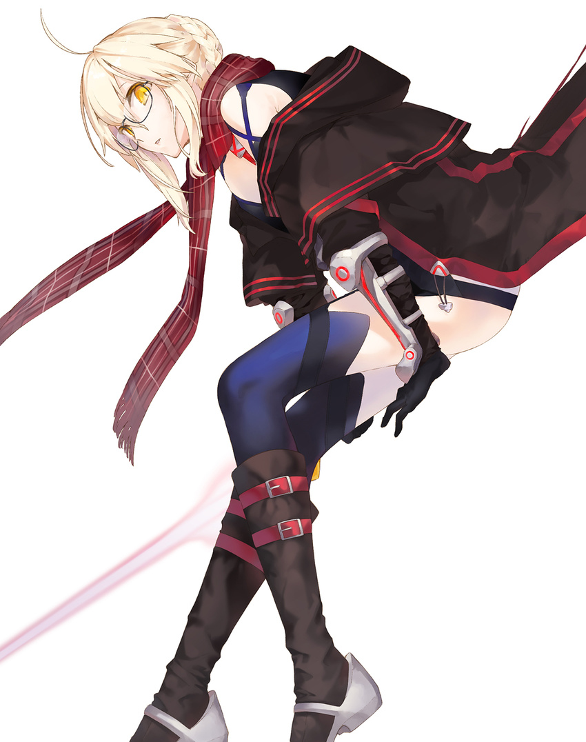 ahoge artoria_pendragon_(all) black-framed_eyewear black_gloves black_legwear blonde_hair blue_legwear elbow_pads fate/grand_order fate_(series) from_side glasses gloves highres jacket la-na looking_at_viewer looking_to_the_side mysterious_heroine_x_(alter) off_shoulder parted_lips plaid plaid_scarf scarf solo thighhighs yellow_eyes