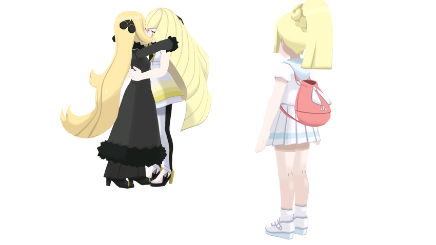 3d 3girls elite_four highres kiss lillie_(pokemon) lusamine_(pokemon) mature multiple_girls pokemon pokemon_(game) pokemon_sm school_uniform shirona_(pokemon) watching yuri