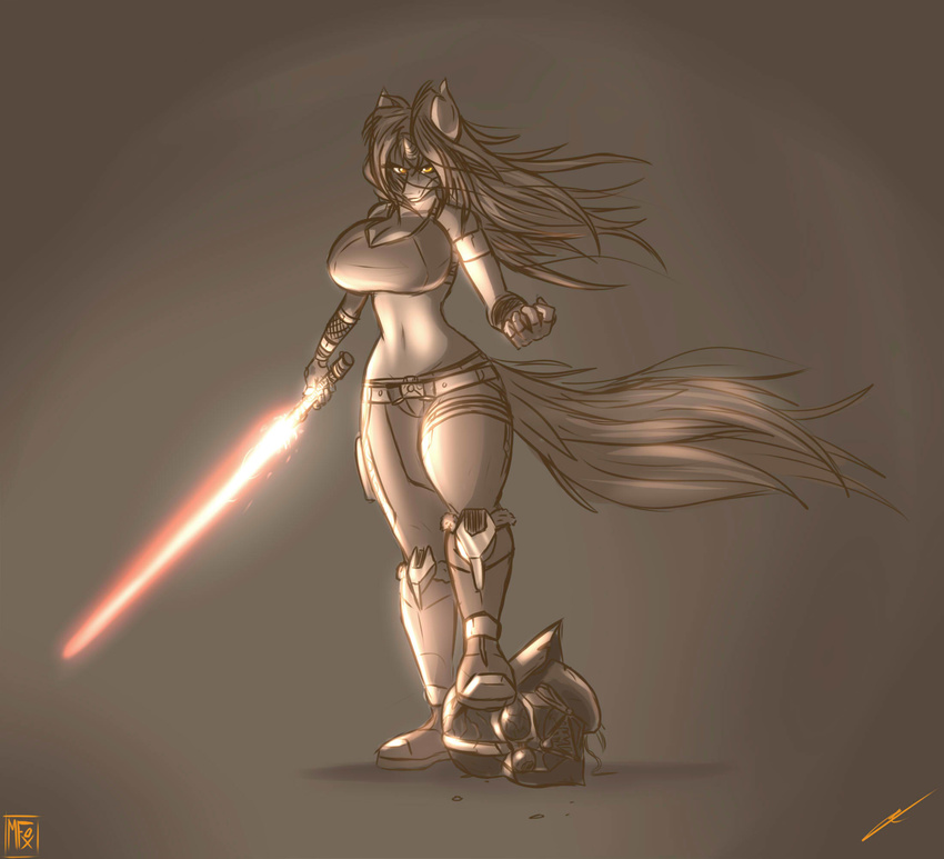 5_fingers anthro big_breasts breasts equine fan_character female horn lightsaber mammal metalfoxxx midriff my_little_pony navel simple_background solo standing star_wars unicorn wide_hips yellow_eyes