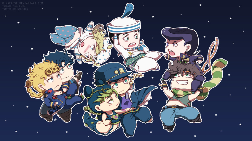 6+boys 7repose battle_tendency black_hair blonde_hair blue_hair brown_hair chibi diamond_wa_kudakenai dixie_cup_hat family father_and_daughter father_and_son giorno_giovanna green_hair hat higashikata_jousuke higashikata_jousuke_(jojolion) highres johnny_joestar jojo_no_kimyou_na_bouken jojolion jonathan_joestar joseph_joestar_(young) kuujou_jolyne kuujou_joutarou military_hat multiple_boys phantom_blood purple_hair scarf stardust_crusaders steel_ball_run stone_ocean vento_aureo