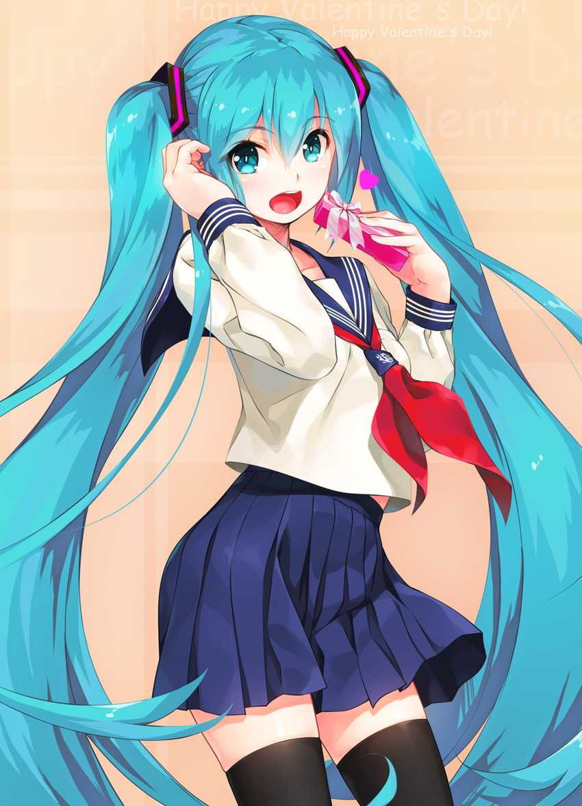 aqua_eyes aqua_hair black_legwear comic_sans commentary_request cowboy_shot gift happy_valentine hatsune_miku heat highres long_hair open_mouth pleated_skirt school_uniform serafuku skirt solo thighhighs twintails valentine very_long_hair vocaloid wacchi zettai_ryouiki