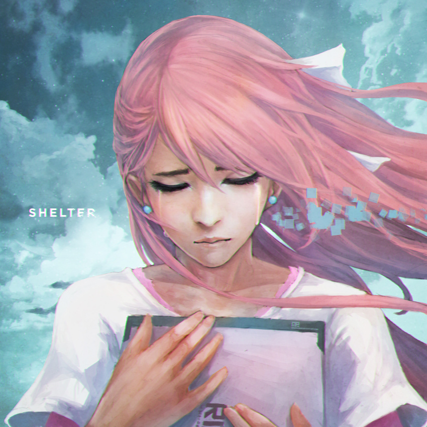 absurdres copyright_name crying digital_dissolve dress earrings eyelashes highres jewelry lips long_hair monori_rogue pink_hair rin_(shelter) shelter_(music_video) sky solo star_(sky) starry_sky stud_earrings tears white_dress