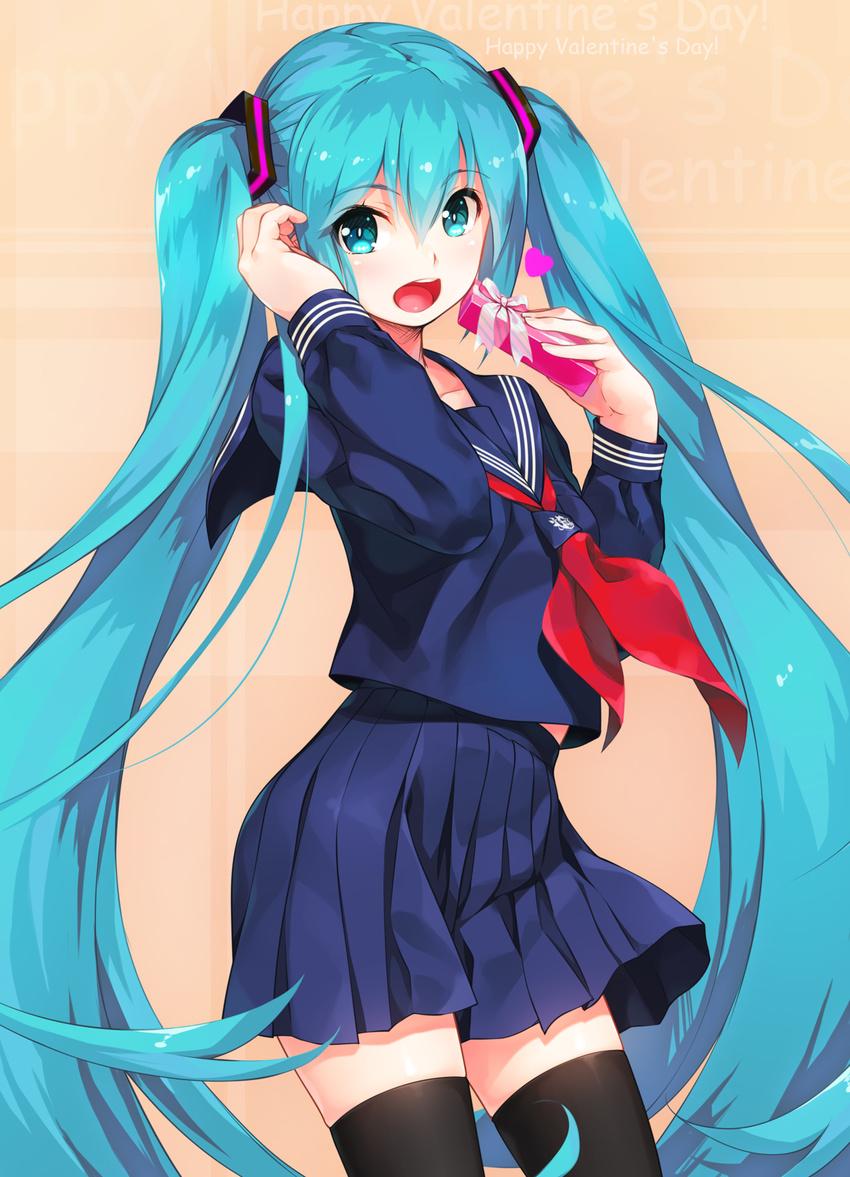 aqua_eyes aqua_hair black_legwear comic_sans commentary_request cowboy_shot gift happy_valentine hatsune_miku heat highres long_hair open_mouth pleated_skirt school_uniform serafuku skirt solo thighhighs twintails valentine very_long_hair vocaloid wacchi