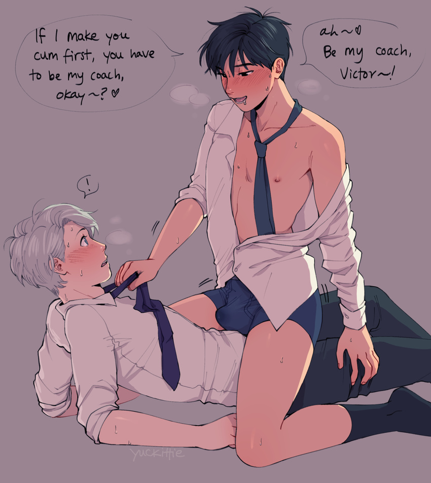 2boys black_hair blush bulge cum drooling drunk erection katsuki_yuuri male_focus multiple_boys naughty_face necktie nipple saliva silver_hair sitting_on_person socks steam straddling sweat text underwear undressing viktor_nikiforov yaoi yuri!!!_on_ice