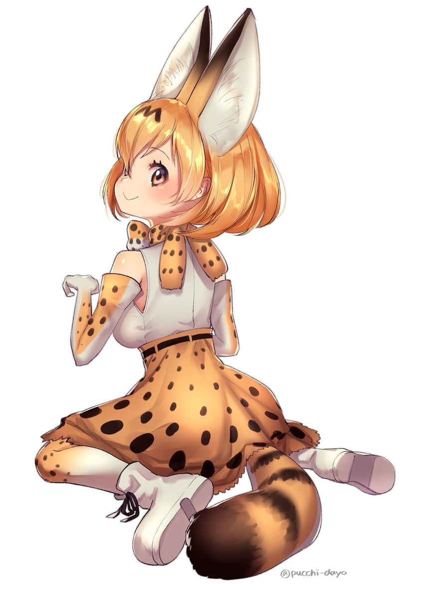 animal_ears bare_shoulders blonde_hair blush breasts cat_ears cat_girl cat_tail downscaled from_behind full_body highres kemono_friends looking_back md5_mismatch medium_breasts puchiman resized serval_(kemono_friends) serval_ears serval_print serval_tail short_hair simple_background sitting smile solo tail wariza white_background