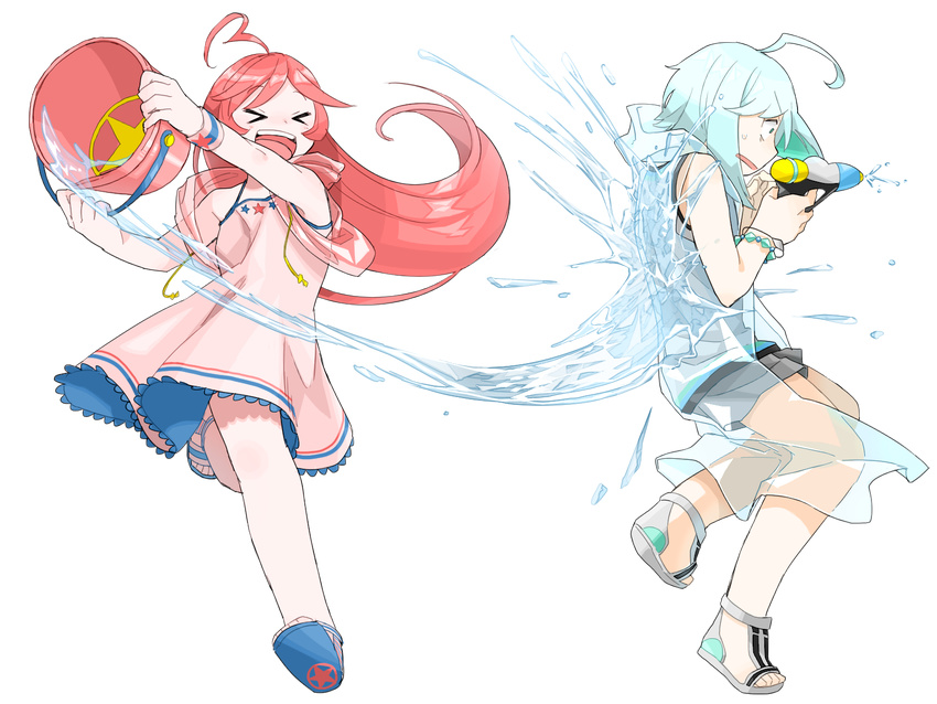 &gt;_&lt; 1girl ahoge aqua_hair bucket child closed_eyes creamyya dress full_body highres humanization long_hair pink_hair raincoat sandals sf-a2_miki shorts sleeveless smile splashing sundress transparent_background utatane_piko vest vocaloid water water_gun younger