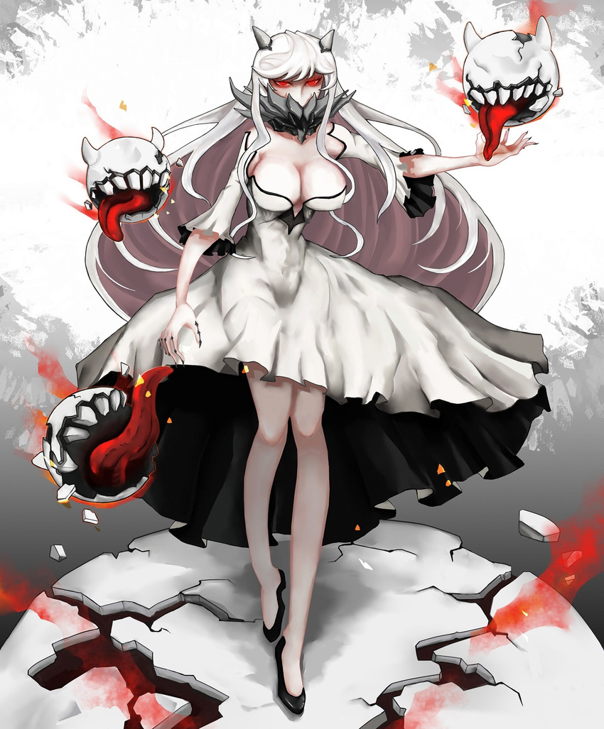 black_nails breasts claws cleavage covered_mouth cracked_floor cracked_shell detached_sleeves dress floating_fortress_(kantai_collection) highres horns kantai_collection large_breasts long_hair looking_at_viewer midway_hime nail_polish outstretched_arm pepii red_eyes shaded_face shinkaisei-kan slippers solo strapless strapless_dress tongue very_long_hair white_dress white_hair wide_hips