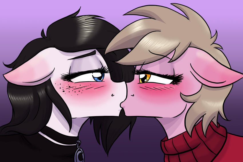 2017 amber_eyes black_hair blonde_hair blue_eyes blush clothing collar duo equine fan_character female freckles hair horse kissing lamika mammal my_little_pony naomiknight-17 naomiknight17 pony reppy sweater