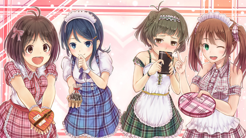 2girls akizuki_ryou antenna_hair arigato_(rmskrtkdlqj) bare_shoulders blue_eyes blue_hair blush box brown_eyes brown_hair commentary_request crossdressing dearly_stars dress gift_bag green_eyes hair_ornament hairclip heart-shaped_box hidaka_ai highres idolmaster idolmaster_dearly_stars idolmaster_side-m long_hair looking_at_viewer maid_headdress mizushima_saki mizutani_eri multiple_boys multiple_girls one_eye_closed open_mouth otoko_no_ko plaid plaid_dress short_hair smile twintails valentine