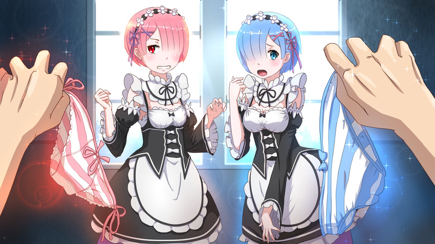 blue_eyes blue_hair blush bow bow_panties breasts clenched_teeth clothes_theft commentary detached_sleeves dress hair_ornament hair_over_one_eye hair_ribbon headdress highres holding holding_panties huyase indoors kono_subarashii_sekai_ni_shukufuku_wo! looking_at_viewer maid medium_breasts multiple_girls open_mouth out_of_frame panties panties_removed parody pink_hair pov pov_hands ram_(re:zero) re:zero_kara_hajimeru_isekai_seikatsu red_eyes rem_(re:zero) ribbon short_hair siblings side-tie_panties sisters small_breasts standing striped striped_panties teeth theft twins underwear underwear_theft window x_hair_ornament