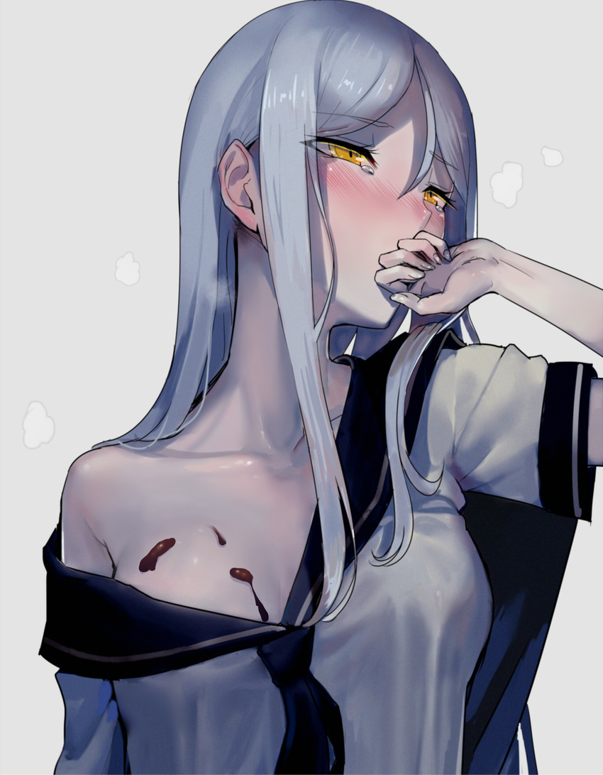 blush breasts chocolate_on_breasts collarbone eyebrows_visible_through_hair eyes_visible_through_hair fingernails grey_background hand_to_own_mouth highres kantai_collection long_hair looking_at_viewer medium_breasts neckerchief nose_blush off_shoulder open_clothes open_shirt pale_skin sailor_collar sailor_shirt school_uniform shinkaisei-kan shiny shiny_skin shirt short_sleeves sidelocks silver_hair simple_background solo ta-class_battleship tearing_up walzrj yellow_eyes