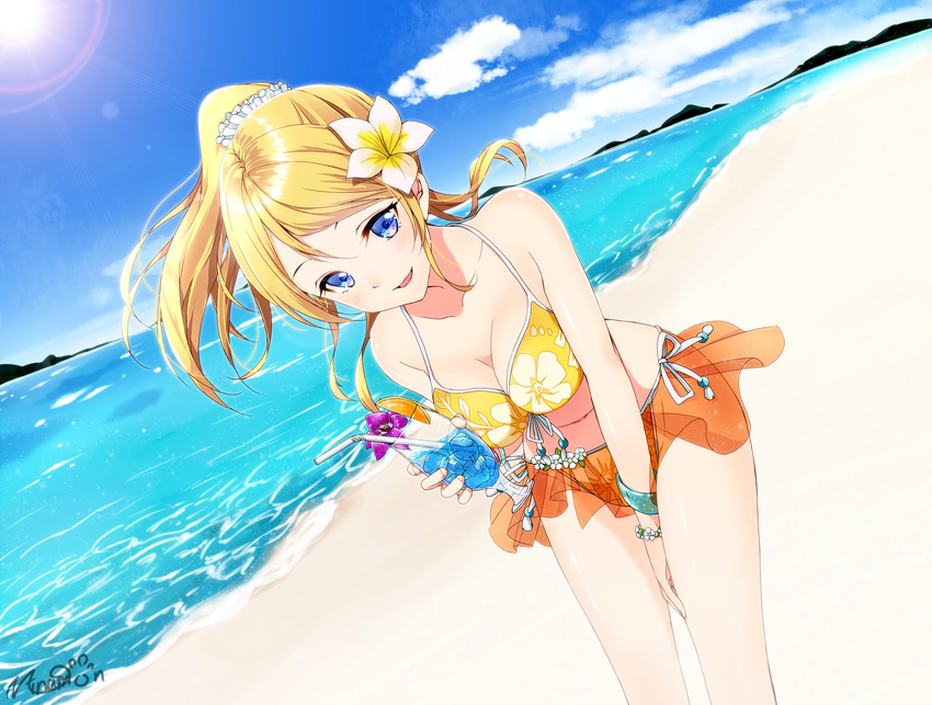 ayase_eli beach bikini blonde_hair blue_eyes blue_hawaii breasts cleavage cloud cowboy_shot day drink dutch_angle floral_print flower hair_flower hair_ornament hibiscus_print highres leaning_forward lens_flare long_hair love_live! love_live!_school_idol_project medium_breasts minamoto_mamechichi plumeria ponytail print_bikini sarong solo swimsuit tropical_drink yellow_bikini