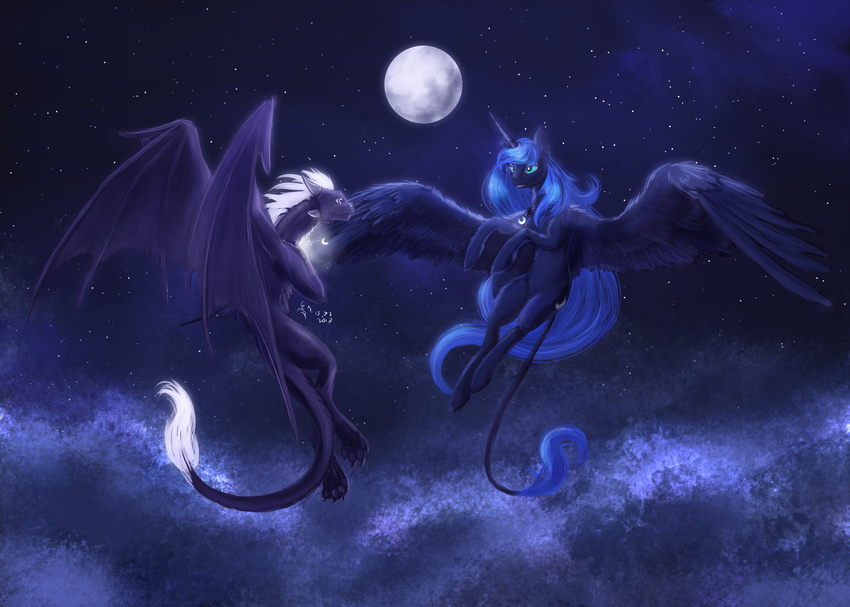 blue_eyes blue_feathers blue_fur blue_hair dalagar detailed_background dragon duo equine feathered_wings feathers female feral friendship_is_magic fur hair hi_res hooves horn male mammal moon my_little_pony night pale_eyes princess_luna_(mlp) sky smile star starry_sky white_hair winged_unicorn wings