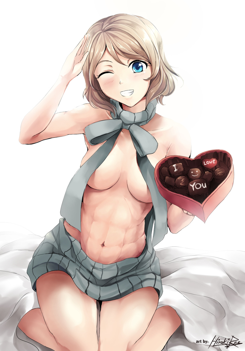 abs artist_name bed_sheet blue_eyes box box_of_chocolates breasts chocolate dress grey_hair grin heart-shaped_box highres hiroki_ree holding looking_at_viewer love_live! love_live!_sunshine!! medium_breasts meme_attire navel no_bra one_eye_closed salute short_hair sitting smile solo sweater sweater_dress thighs toned virgin_killer_sweater wardrobe_error wariza watanabe_you