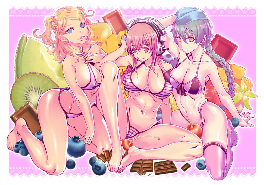 barefoot beret bikini blonde_hair blue_eyes blueberry blush braid breasts cameltoe character_request cherry chocolate cleavage commentary_request covered_nipples food fruit green_hair hand_on_headphones hat headphones highleg highleg_bikini highres honzawa_yuuichirou kiwifruit kneeling lace_background large_breasts long_hair looking_at_viewer mango melon multiple_girls navel nitroplus open_mouth parted_lips pink_background pink_bikini pink_eyes pink_hair pink_legwear single_braid sitting skindentation smile spread_legs strawberry striped striped_bikini super_sonico swimsuit thighhighs two_side_up valentine yellow_eyes