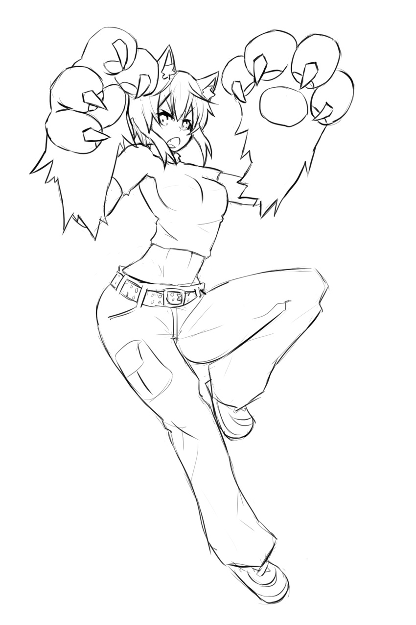 2015 animal_humanoid athletic big_hands breasts canine claws clothed clothing female footwear fully_clothed hair humanoid inner_ear_fluff kaibutsu_oujo line_art looking_at_viewer mammal monochrome open_mouth pawpads paws riza_wildman short_hair simple_background sketch solo sub-res were werewolf white_background wide_hips wolf wolf_humanoid