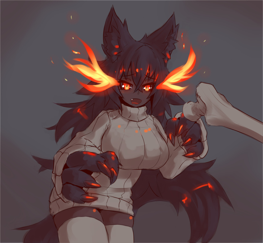 4_fingers anthro big_breasts big_hands big_penis black_fur black_hair bone breasts canine claws clothing female fire fur grey_background hair hellhound huge_breasts inner_ear_fluff legwear long_hair male mammal monster_girl monster_girl_(genre) monster_girl_encyclopedia open_mouth penis simple_background slit_pupils standing sub-res sweater thigh_highs