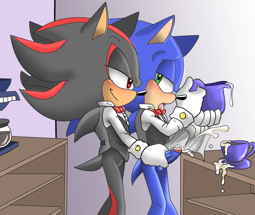 angelofhapiness anthro balls barrista beverage blush bow_tie coffee coffee_maker cum cum_as_food cumshot ejaculation erection green_eyes handjob hedgehog male male/male mammal milk open_mouth orgasm penis red_eyes sex shadow_the_hedgehog smile sonic_(series) sonic_the_hedgehog tongue tongue_out vein veiny_penis