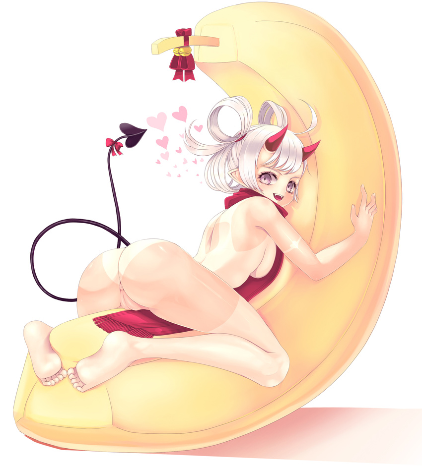 :d absurdres anus arched_back ass barefoot bell blush bow breasts demon_girl demon_tail feet from_behind full_body hair_rings highres jingle_bell looking_at_viewer medium_breasts naked_scarf nude one-piece_tan oni_horns open_mouth original pointy_ears purple_eyes pussy reason_(ficafe) red_bow red_scarf scarf shoulder_blades sideboob silver_hair smile soles solo tail tail_bow tan tanline teeth uncensored