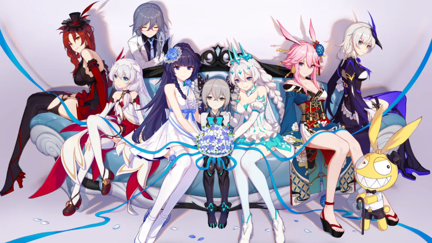 6+girls bronya_zaychik dress fu_hua_(honkai_impact) honkai_impact kallen_kaslana kiana_kaslana multiple_girls murata_himeko raiden_mei sandals shoes theresa_apocalypse yae_sakura yae_sakura_(honkai_impact)