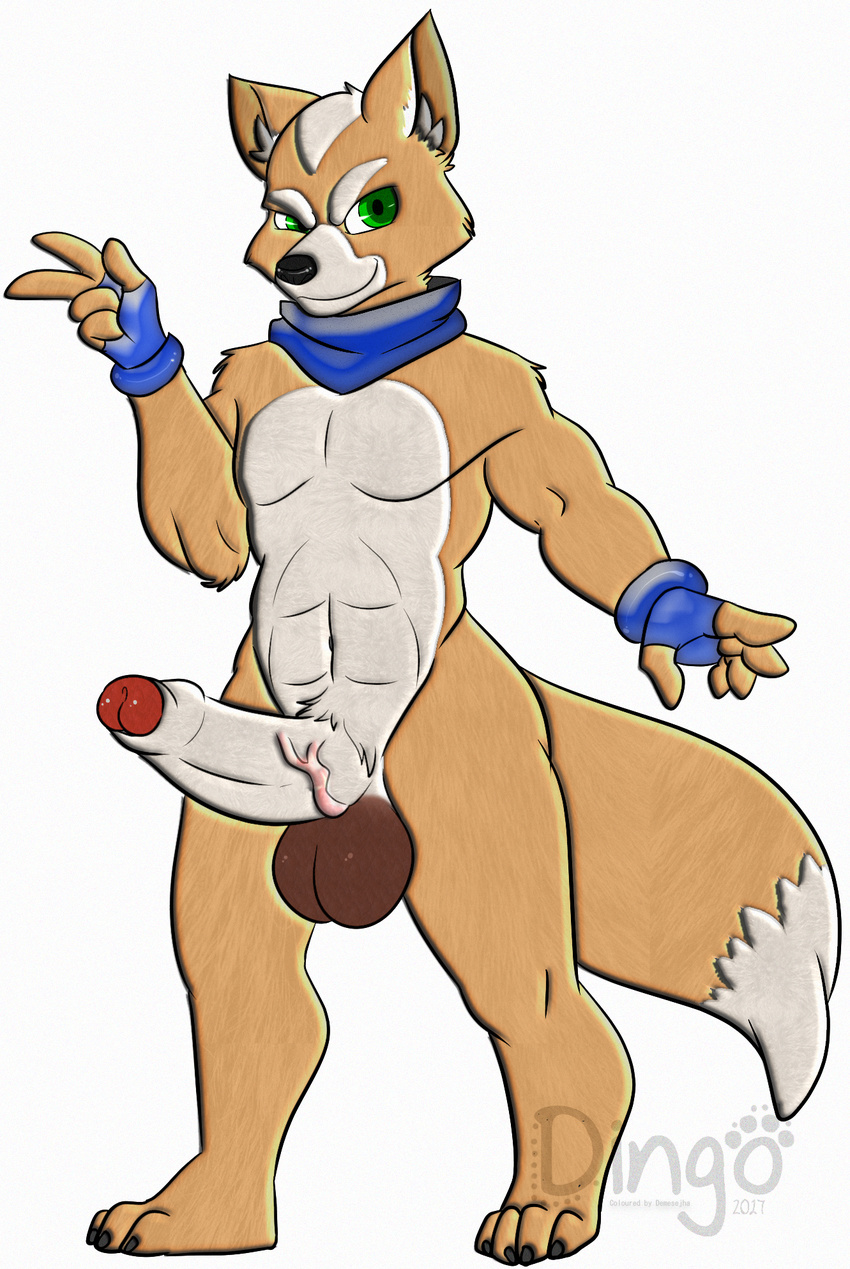 anthro armpits balls big_balls big_penis canine color_edit colored dingots edit erection foreskin fox gdelscribe green_eyes male mammal muscular nintendo penis simple_background solo star_fox thick_penis uncut video_games white_background