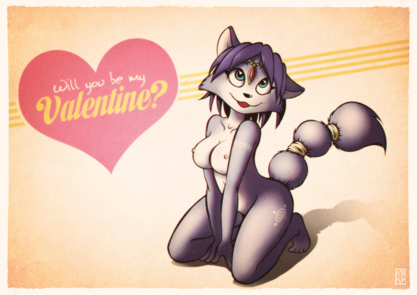 anthro blue_eyes breasts canine cute female fox fox-pop holidays krystal looking_at_viewer mammal nintendo nipple_show pinup pose poster star_fox valentine's_day video_games