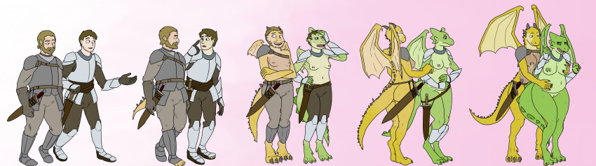 2017 annoyed anthro armor big_breasts breast_growth breasts butt clothed clothing dragon duo female gender_transformation human human_to_anthro lactating male mammal melee_weapon mostly_nude mtf_transformation navel nipples pregnant prurientpie pussy simple_background smile surprise sword tail_growth transformation walking weapon wide_hips