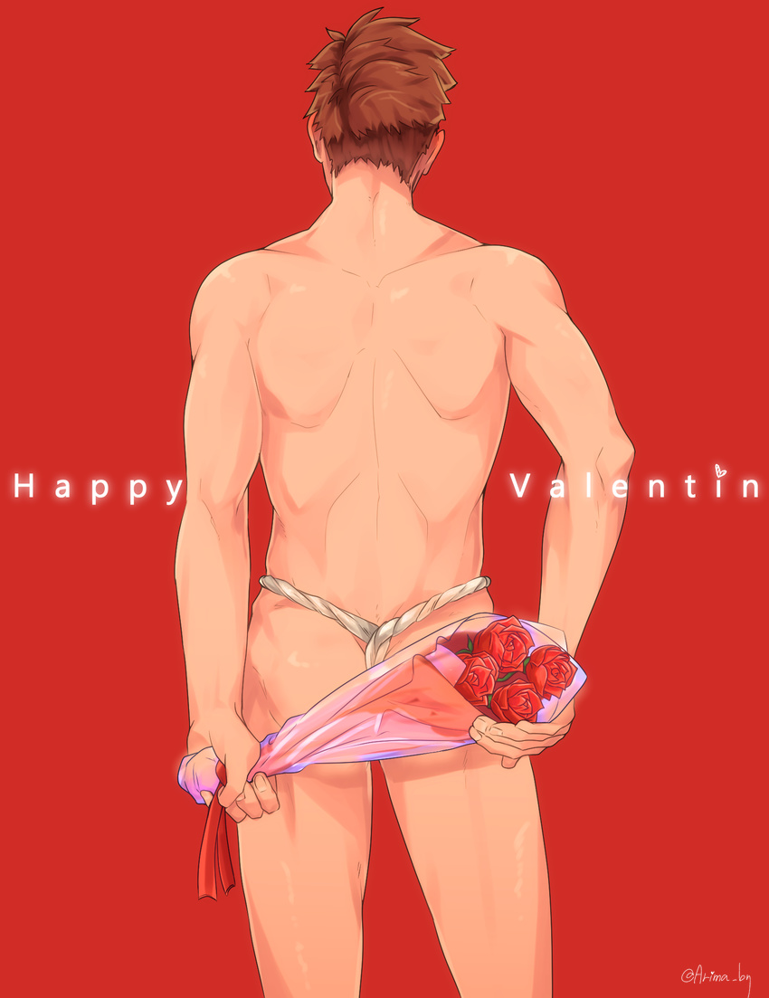 alex_(stardew_valley) arima_(arima_bn) back bouquet brown_hair commentary_request flower from_behind fundoshi heart highres japanese_clothes male_focus red_background rokushaku_fundoshi simple_background solo stardew_valley twitter_username valentine