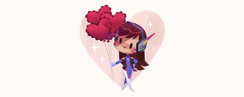 animal_print bad_id bad_twitter_id balloon bangs bodysuit brown_hair bunny_print chibi d.va_(overwatch) facepaint facial_mark full_body headphones heart heart_balloon high_collar holding holding_balloon long_hair overwatch pilot_suit shoulder_pads simple_background skin_tight solid_circle_eyes solo sparkle star swept_bangs tinysnails valentine whisker_markings white_background