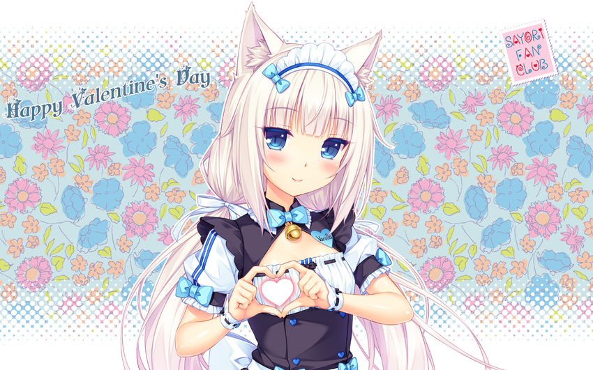 animal_ears artist_name bangs bell blue_eyes blunt_bangs bow bowtie cat_ears character_name cleavage_cutout english fanbox_reward floral_background hair_ribbon happy_valentine heart heart_hands highres jingle_bell long_hair looking_at_viewer low_twintails maid maid_headdress name_tag nekopara official_art paid_reward puffy_short_sleeves puffy_sleeves ribbon ribbon-trimmed_clothes ribbon_trim sayori short_sleeves slit_pupils smile solo twintails upper_body valentine vanilla_(sayori) very_long_hair wallpaper white_hair wrist_cuffs